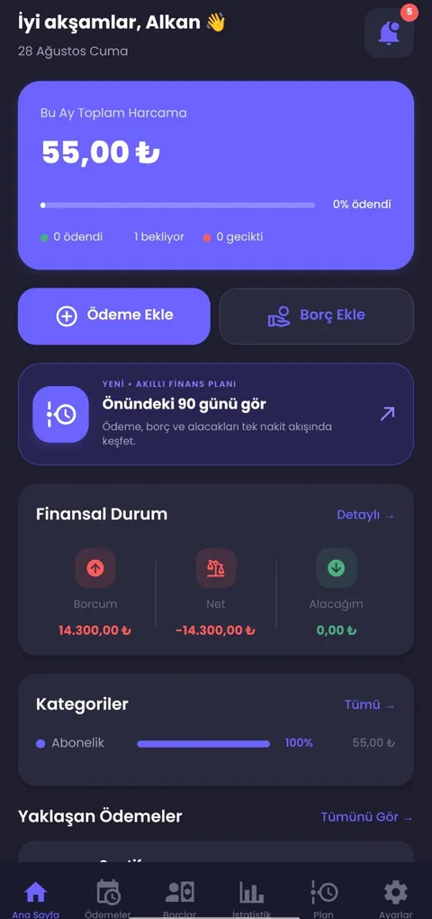 NoX Finance app showing payments, debts and spending on its home screen